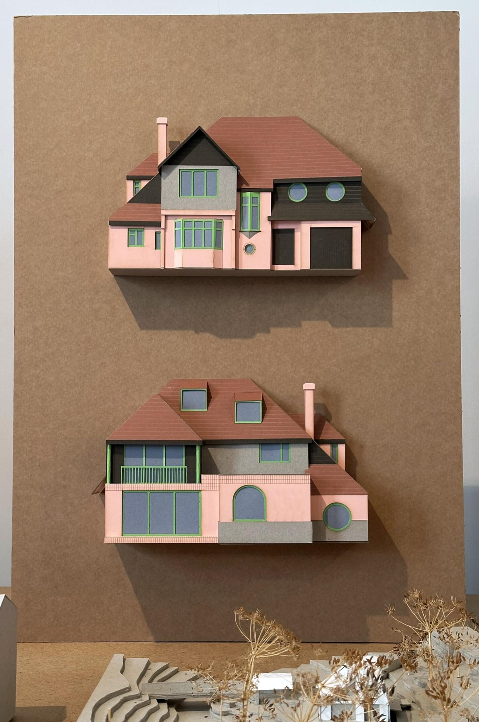Fairbourne, 1:50, Elevation models

This presentation model was created for the NSPF Scale exhibition and represents the developed design for extensions and external alterations to an existing family home. The proposal offers a playful reinterpretation of the Arts & Crafts character of the original house, using the model to communicate the depth, proportion, and materiality of the front and rear elevations.

The existing dwelling, defined by its steep catslide roof, asymmetrical form, and distinctive mix of tall, corner, and porthole windows provided a rich architectural language to respond to. Our design builds upon these eclectic features rather than eroding them, amplifying the building’s inherent charm.

Paper and card

Made by Tom Partridge, Director and Architect. Ruben Greyson, Architectural Assistant and Modelmaker