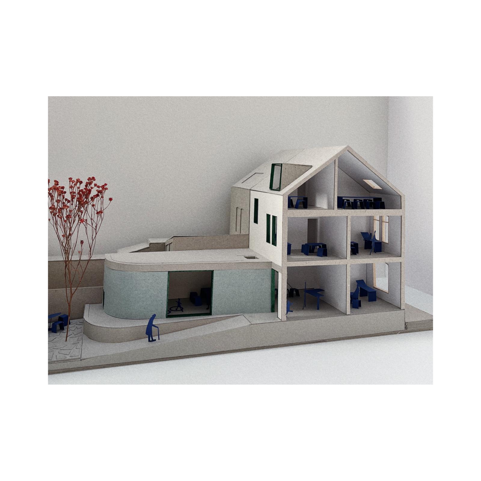  #projet_25008 Clémentine : extension and renovation of a medical center (ottignies). scale : 1/50

This model serves as a key tool for both design development and communication in the preliminary proposal for a medical center near Brussels. It makes the architectural intentions tangible and allows assessment of the project’s layout and relationship with the site.

The model emphasizes the main design principle: creating a fluid and continuous pathway connecting the two ends of the plot. This circulation organizes the spaces, making movement intuitive for both visitors and staff.

Accessibility for people with reduced mobility is a central concern. The model enables verification of continuous, level pathways and clear, direct access to the care areas. It acts as a practical tool to anticipate functional challenges and ensure that circulation throughout the medical center is inclusive, safe, and comfortable from the earliest design stage.

By visualizing volumes, flows, and access points, the model also facilitates communication with clients and project stakeholders, helping to share and validate the project concept effectively.

Cartboard / paper / wood

Made by Louise De Kepper, Intern & Julie Renwart, Student