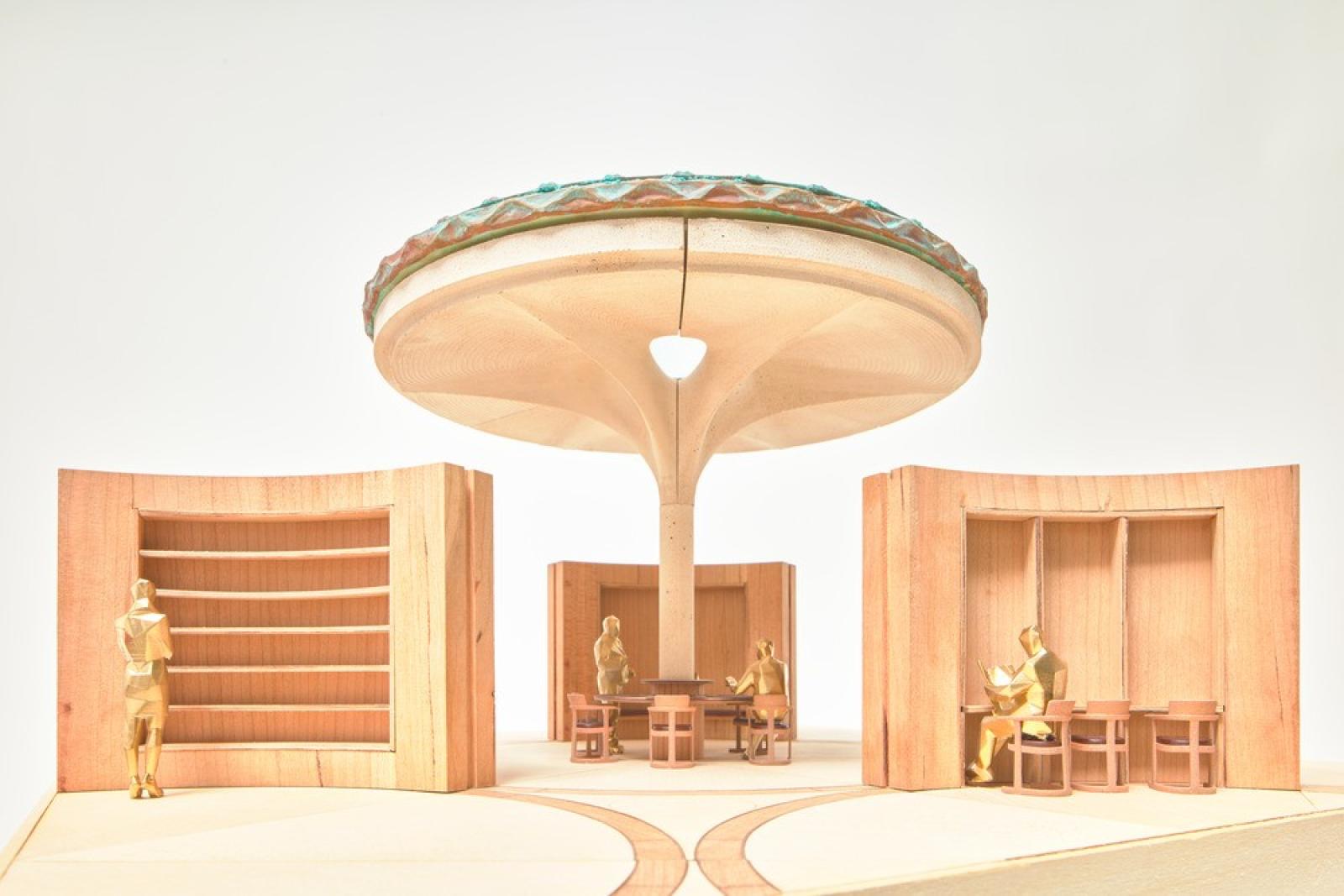 1:20 University library competition model

This model was created as part of Make’s competition entry for a new university library building. The model was made using some of the same materials and process as those proposed for the actual building, including copper and stone. The roof was made by hand forming a copper sheet over a 3D-printed mould, while the tree column was 3D printed and moulded in silicone, then cast using a Jesmonite and stone mix. The furniture was hand-made from solid blocks of cherry timber.

Jesmonite column, hand-formed copper roof, plywood structure, inlaid veneered floors, cherry bookcases, PLA 3D printing, SLA 3D printing

Made by Model Makers: Alex Stewart, George Taylor, Paul Miles
Team: Ken Shuttleworth, Jason Parker, Emma Thomas, Liam Bonnar
