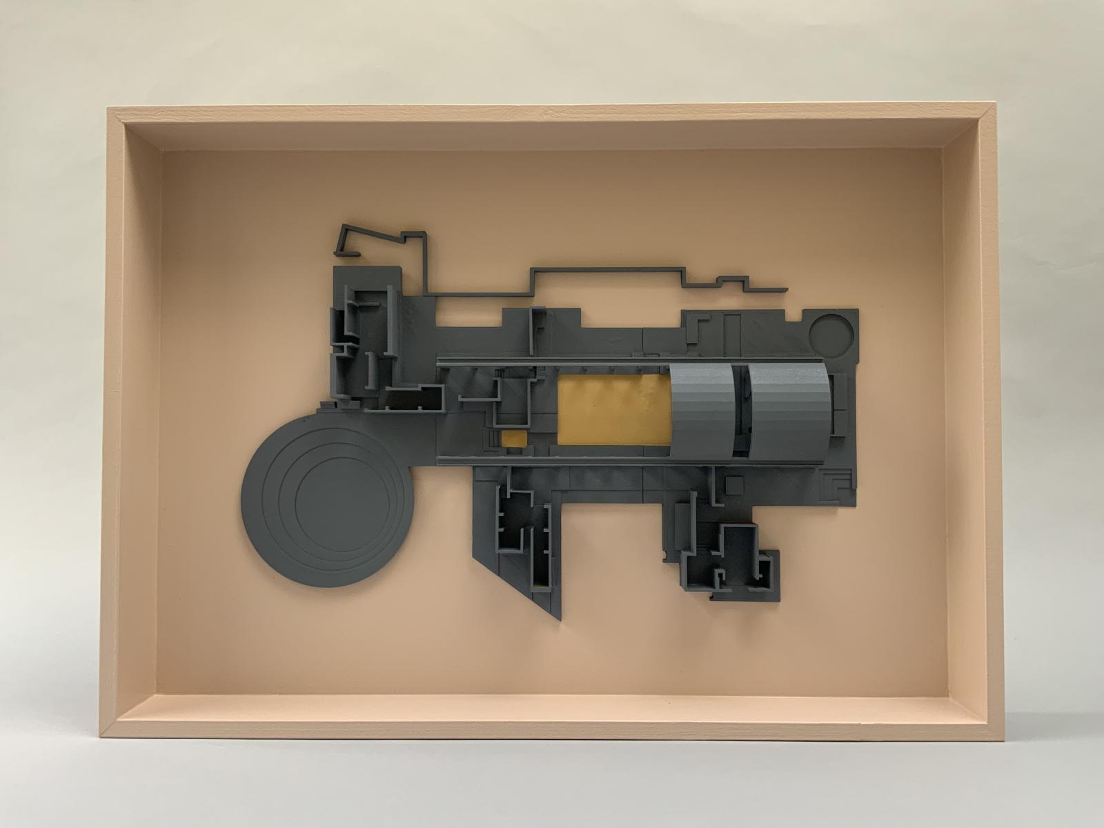Sharanam Centre for Rural Development, near Pondicherry, south India / 1:150 / Main building model
Meaning “refuge”, Sharanam’s superstructure comprises an array of 6 extremely thin earthen vaults spanning 9.5m over a playful interior of gathering, working and private spaces. Model 2 is a reflection of the main building. Four vaults (and the roof gardens over the offices) are removed revealing the complex sequence of connected spaces underneath created by folding walls, plinths, changes in levels and ornamental ponds. 

The filament of the 3D printing machine is an additive process; the layers of material follow the coursing of earth blocks as the loadbearing piers and walls rise from the plinth. The large main hall, with its golden floor, is highlighted as a central reference for the full array of spaces extending from it including the expansive performance stage, intimate corners for conversations and the articulated verandas projecting into the landscape on all sides. 

Fabrication: 3D PLA printer, Laser cutter, CNC router, Hand build, Hand finishing / Materials: Timber, fibre board, acrylic, 3d printed components pre-finished and assembled in the studio. Finish of natural/earth tone colour pallet, paint/lacquer, colour highlights. Models integrated with a rigid backer board and timber box frame edge.

Architect and Construction Manager:
Jateen Lad

Modelmakers: Chung Tyson Workshop (Ming Chung / Nick Tyson)
& FIELD WORKS Graduate Studio 2021-22 Leeds School of Architecture

