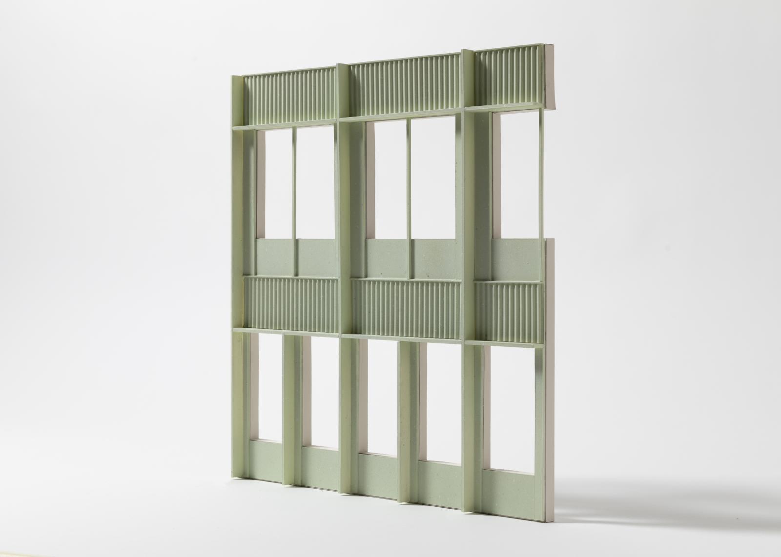 The Republic, Mayfield, Manchester | 1:50 | Facade / Bay Study Model

This 1:50 card study model focuses on a series of bays for 'The Republic' Mayfield, Manchester; a new workspace within a landscape setting, which prioritises social value and human interaction. Built by hand, adopting a combination of hand made and laser cut elements, this model is intended to explore the various panel types which change in width and rhythm as the building ascends in height. Finished in a minty sage green, the model explores the key materiality of the facade system; a combination of pleated metal spandrel panels, vertical (primary), horizontal (secondary) extruded fins, and window mullions (tertiary). The model has been used to communicate the ambition of the scheme through the planning process, in dialogue with the clone end consultant team, and onwards to demonstrate the scheme to the contractor and fabricator teams.

Card. Handmade and lasercut.

Made by Morris+Company

