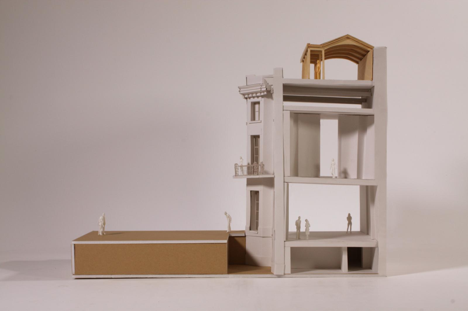 Haigh Hall Wigan 1:50 Sectional Model

Made from paper, card and basswood, our model tests out the form and materiality of the new roof terrace intervention, and it is intended to be a design tool, not a polished representation of the proposal; even the imperfections, slightly skewed walls, exposed joints, and fraying edges, carry a kind of truth. For me, this model has both facilitated the design process and served as a communication device to the client and wider stakeholders. Being used in workshops and community engagement sessions, where ideas must be conveyed clearly and quickly to diverse audiences.

The model was created using the Cricut Maker Machine with paper, mount board and basswood. Materials that can be adjusted by hand, enabling further design development.

Gemma Birchall, Associate Architect and Modelmaker. Project Team - John Piercy Holroyd, Sonoe Shimizu, Phoebe Stevens, Sam Sherwood, Olivia Williams.