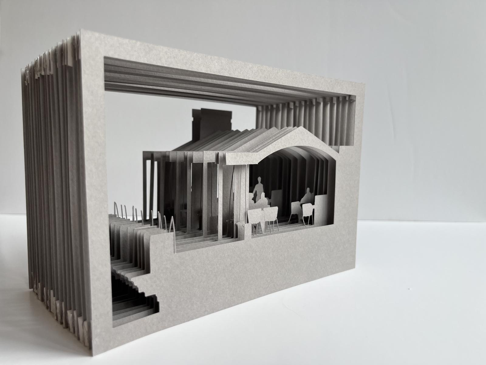Haigh Hall 1:50 Concept Layered Model, 2025  

Produced during RIBA Stage 2 to explore the form of the new roof terrace. 
The model was created using the Cricut Maker Machine with paper only.  

Gemma Birchall, Associate Architect and Modelmaker. Project Team - John Piercy Holroyd, Sonoe Shimizu, Phoebe Stevens, Sam Sherwood, Olivia Williams.