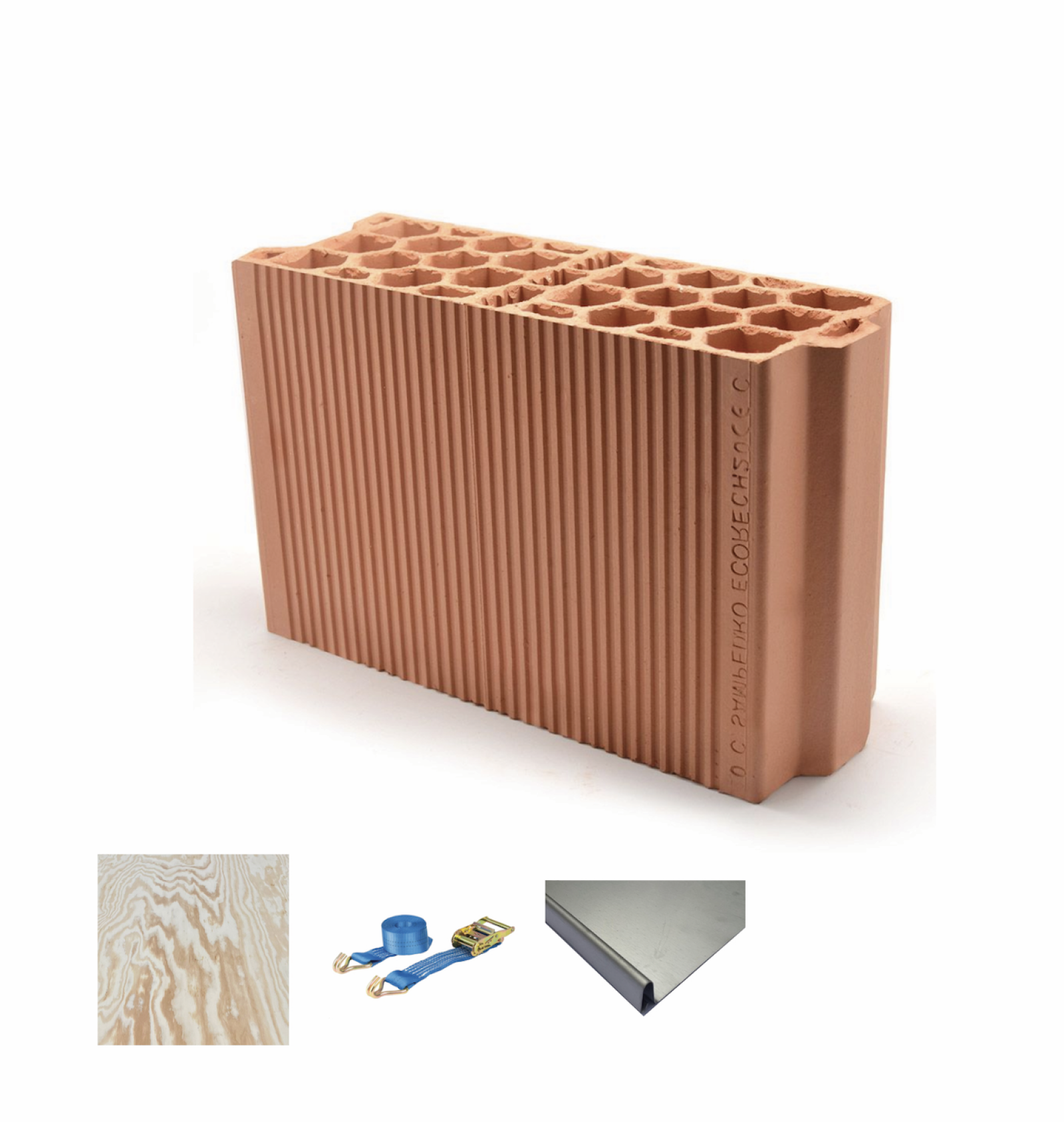 Hackney Wick Bungalow, 1:1, Strapped Materials

A curious ensemble strapped together to remind us of the invisible processes beyond the model and our schematic methodologies; the labour of lifting, fixing, adhering, cutting and joining.

Clay block (internal walling), Paged pine plywood (cladding and joinery), Zinc sheet (external canopy and window cladding), Ratchet straps