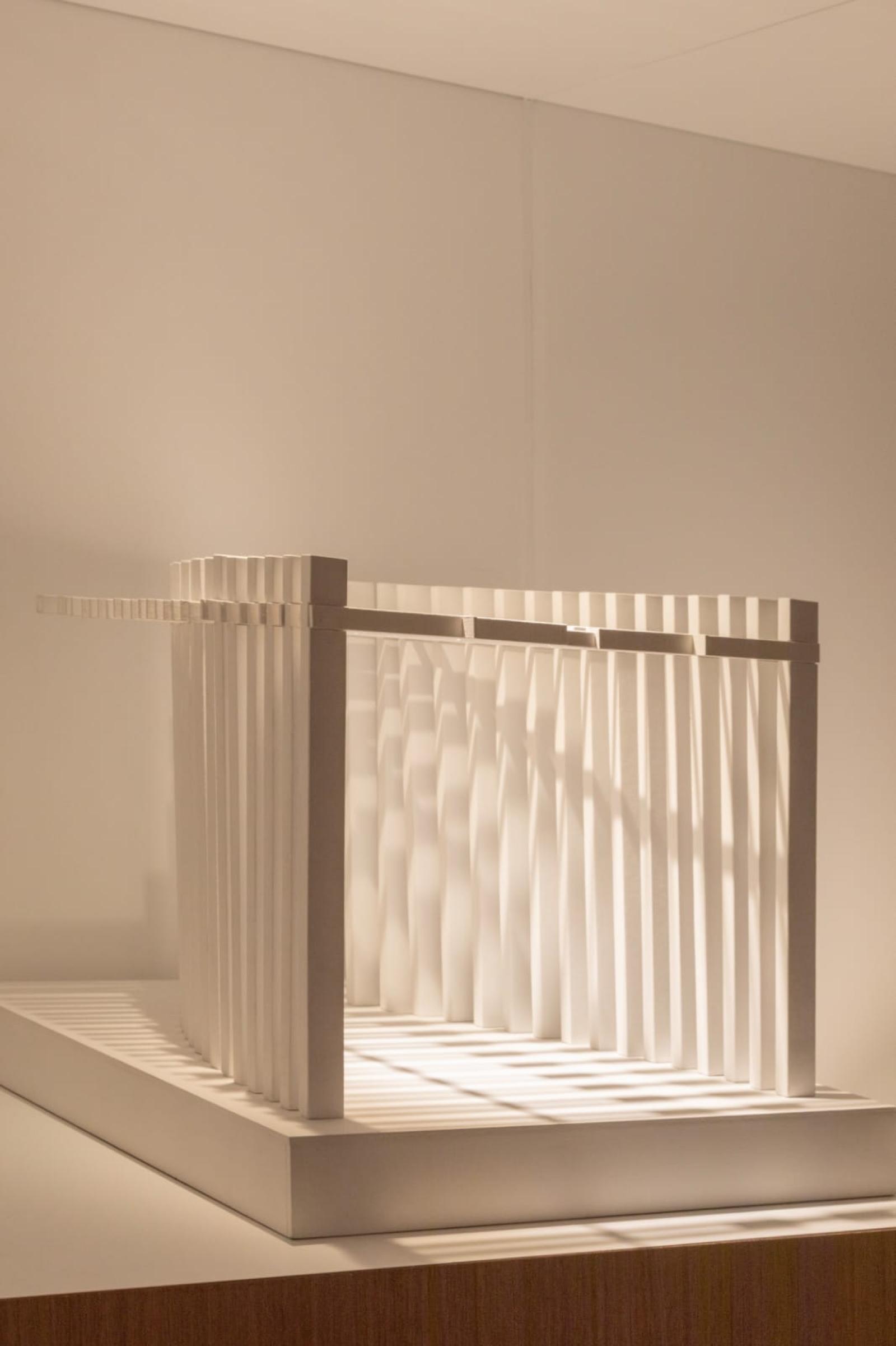 Parteluz / 1:20 / Sectional model

The model helps inform the inner experience of the space as the light and the projecting shadows change along the day. It also clarifies the essential assembly details between the truss and the column.

Compressed wood, MDF, Fabriano paper, and cardboard. Technique: Laser cutting, handcraft, acrylic paint and spary paint.

Ezequiel Romero, modelmaker. Daniela Camarillo, modelmaker.
Gustavo Carmona, Design Principal. Alberto Poot. Exhibit coordinator.