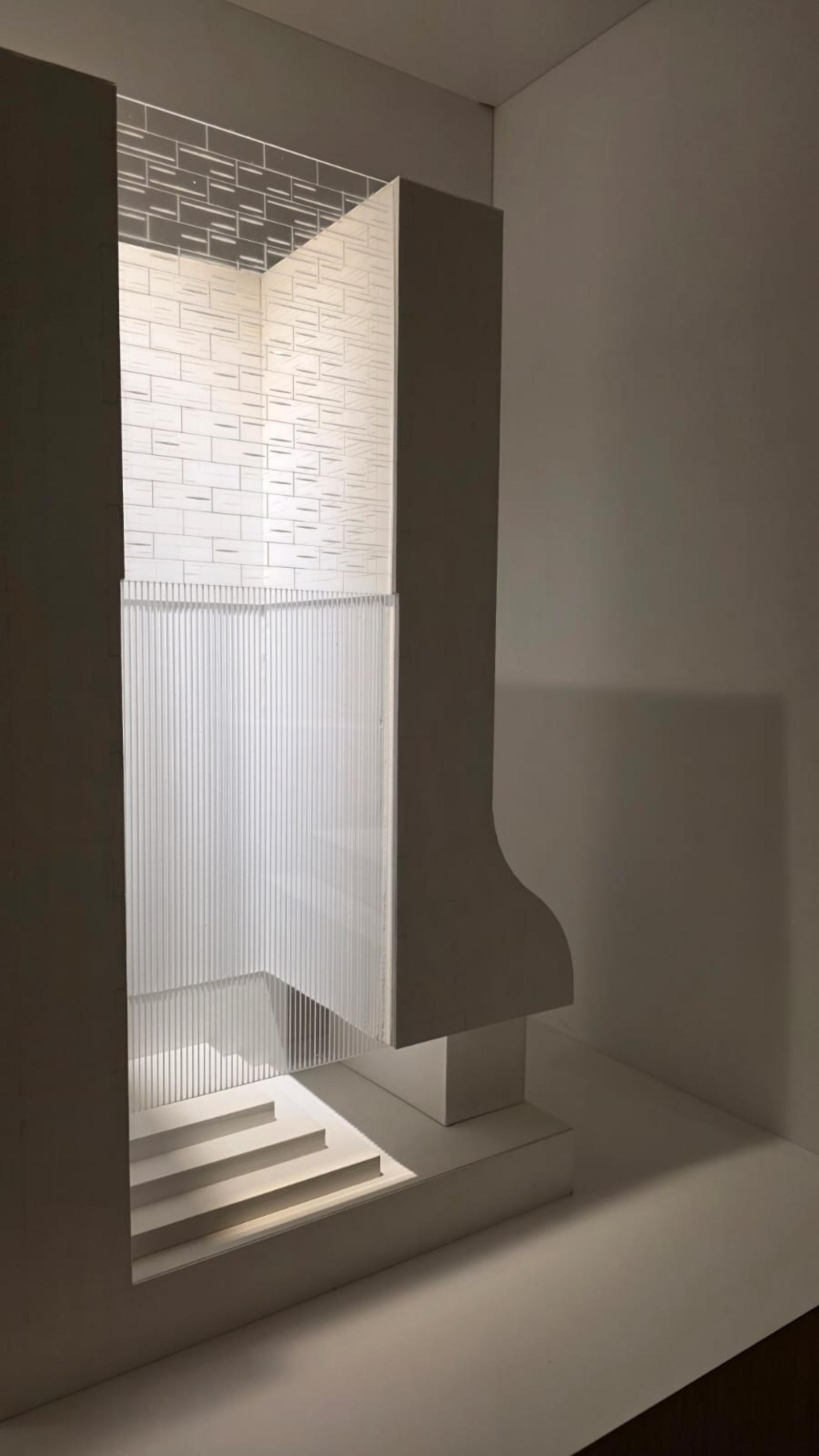 Duration Chamber / 1:25 / Sectional model

The project was a temporary installation within an abandoned building shaft as part of Mexico City´s Design Week in 2015.  The project wa conceived as a space to lie down and be part of the passing of time; looking up to the framed sky and become aware of its subtle changes in light and color. 

Compressed wood, MDF, cardboard, acrylic, and paint.

Ezequiel Romero, modelmaker. Daniela Camarillo, modelmaker. Gustavo Carmona, Design Principal. Alberto Poot. Exhibit coordinator.